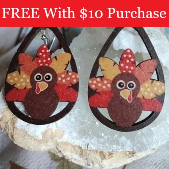 Turkey Wood Wooden Teardrop Earrings Fall Autumn Thanksgiving Jewelry RED BANNER - Picture 1 of 8